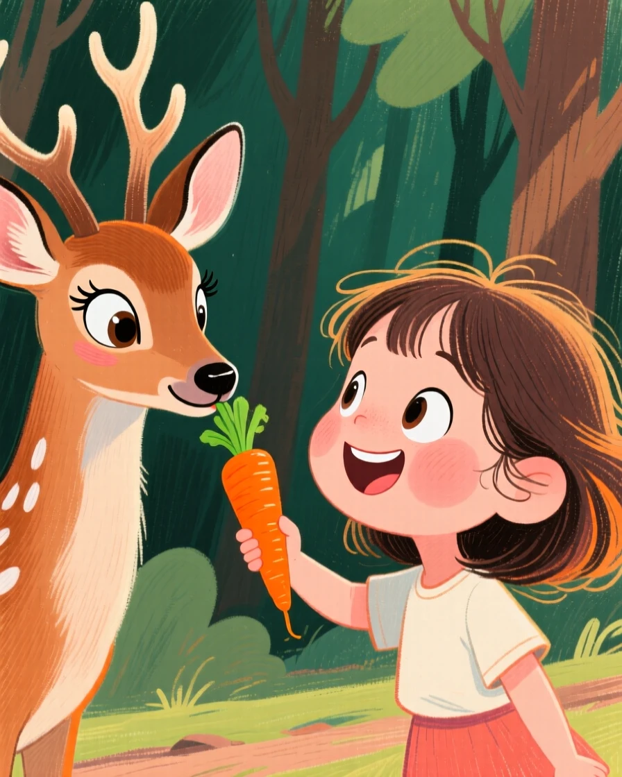 A little girl offering a carrot to a curious deer at the edge of a forest.