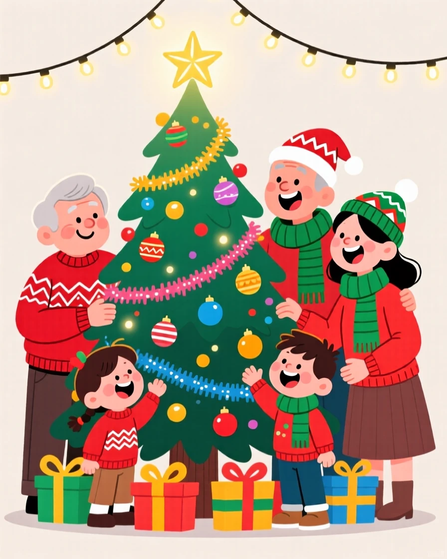 A festive celebration scene of a family gathering around a decorated holiday tree, with twinkling string lights strung overhead.