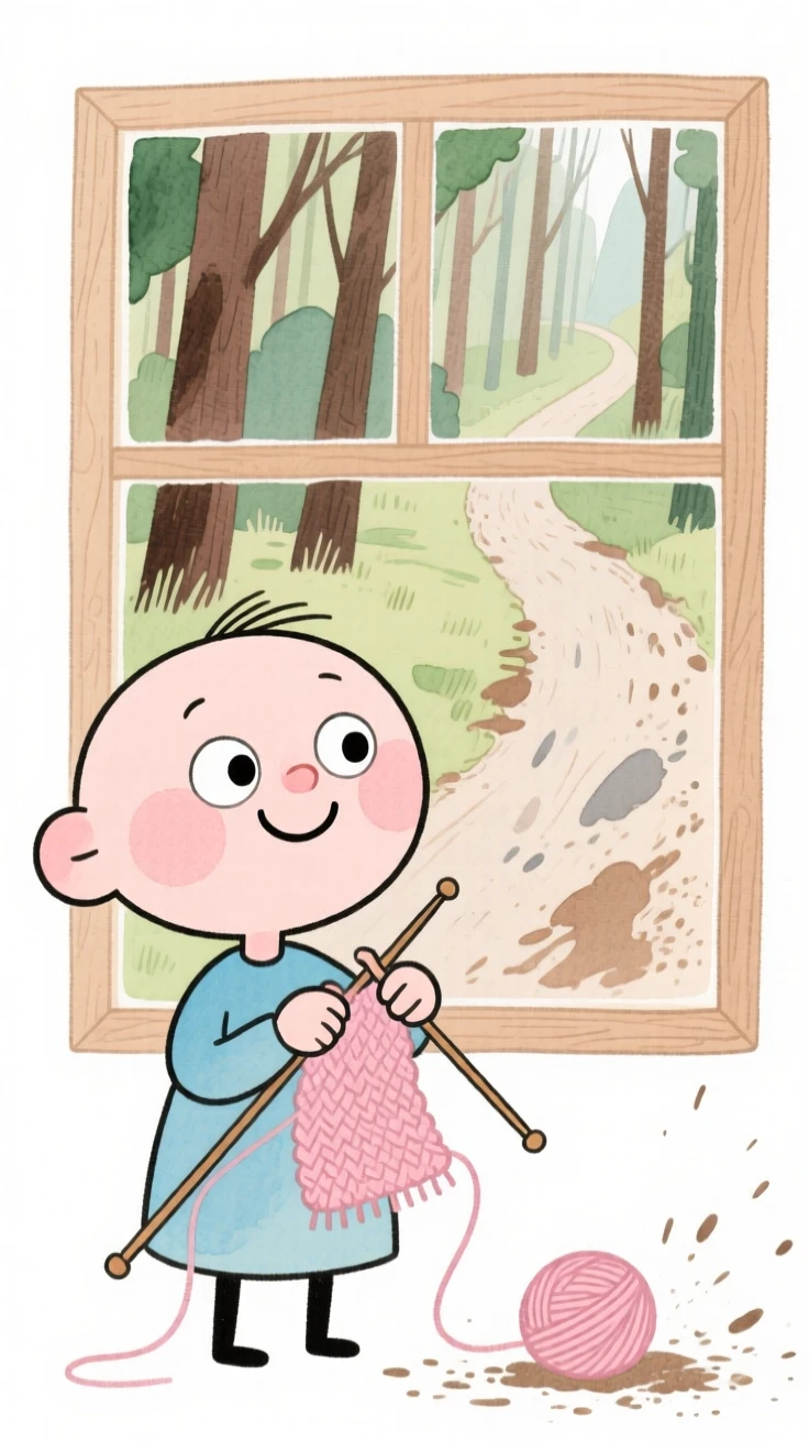 A knitter by a window flying down a forest trail spraying dirt