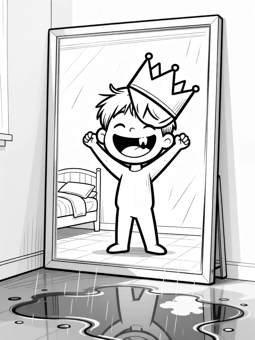 A kid triumphantly missing a tooth with a huge grin, tilting the crown that keeps slipping over one eye, set in a bedroom mirror corner. Rain puddles reflect a a bright blue sky. There's an innocent, giggly charm to the whole moment.