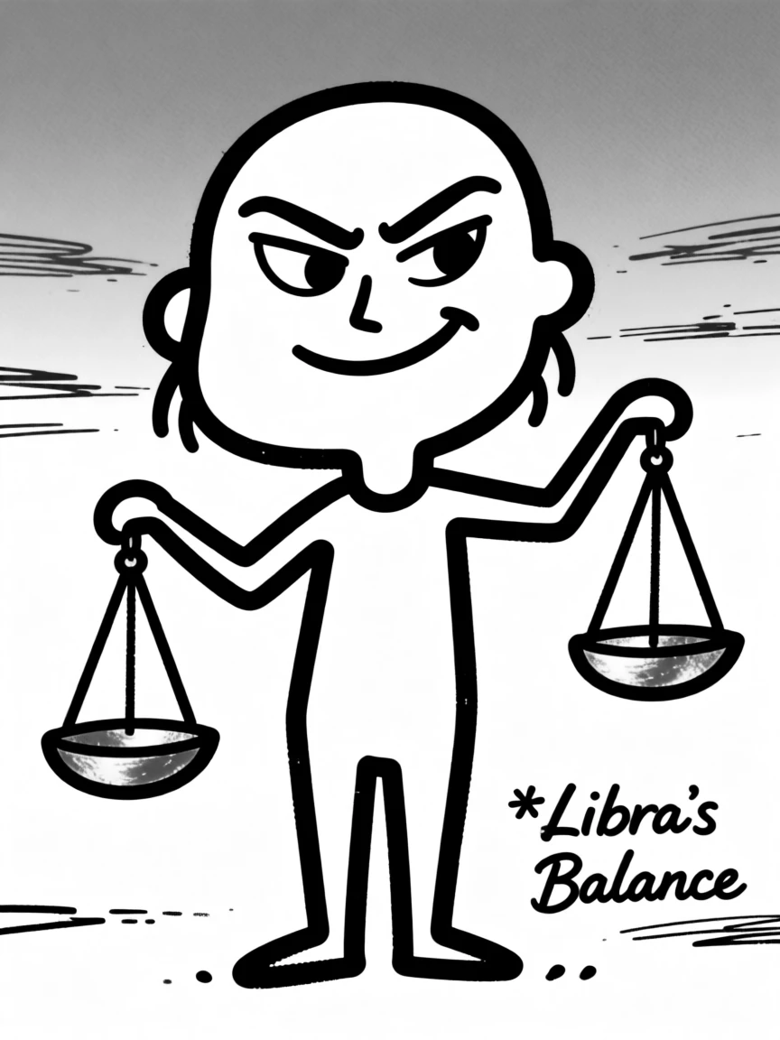 A Libra archetype: a graceful figure balancing golden scales under a twilight sky.