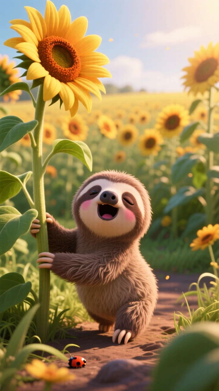 A baby sloth is wandering through a field of sunflowers, yawning with a tiny open mouth. Playful joy radiates from the small creature, with warm colors filling the background.