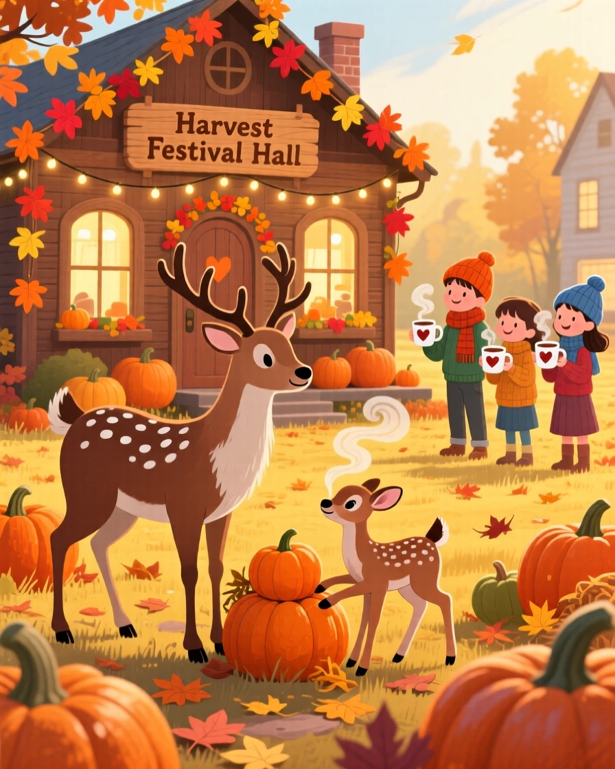 A reindeer and its fawn gather in a decorated town hall, harvesting pumpkins in a golden autumn field, while warm cocoa steams in every hand.