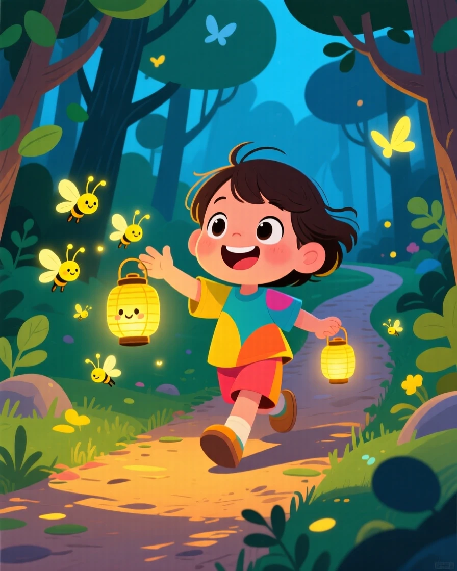 A child picturing fireflies as tiny lanterns lighting a forest path.