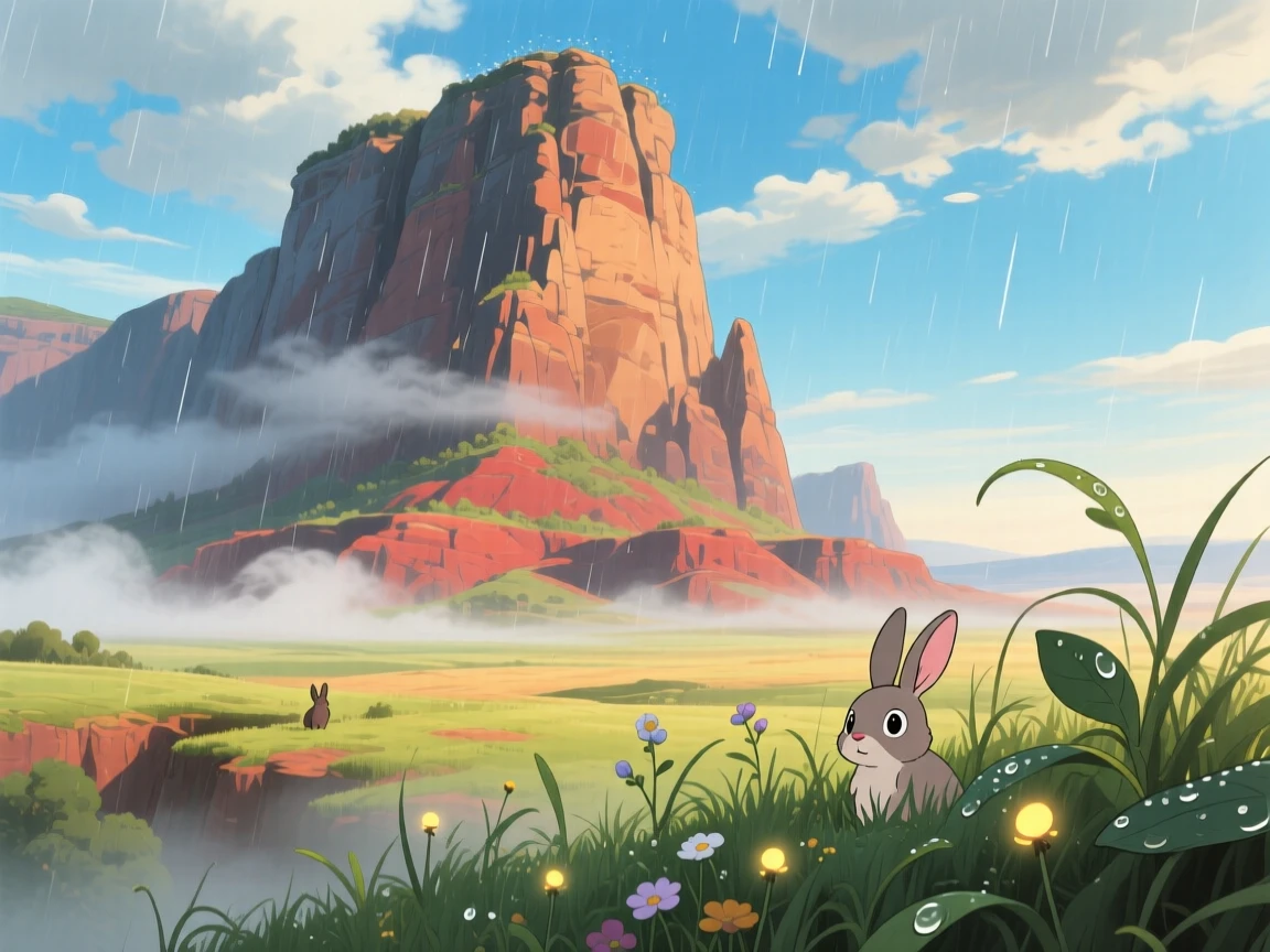 A breathtaking view of a dramatic mesa rising from flat plains, with wisps of morning mist clinging to the low ground, just after a rain shower, captured from a low angle looking up.