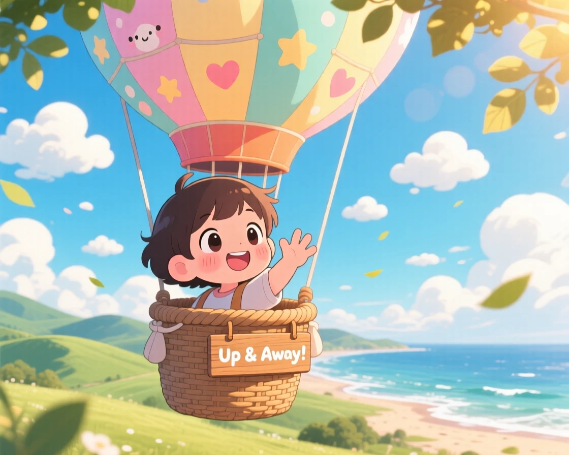 A small child waving from a hot air balloon basket, framed as an over-the-shoulder view within a sky full of fluffy clouds over rolling hills, on a breezy coastal afternoon, glowing under warm morning light filtering through leaves, evoking delighted joy.