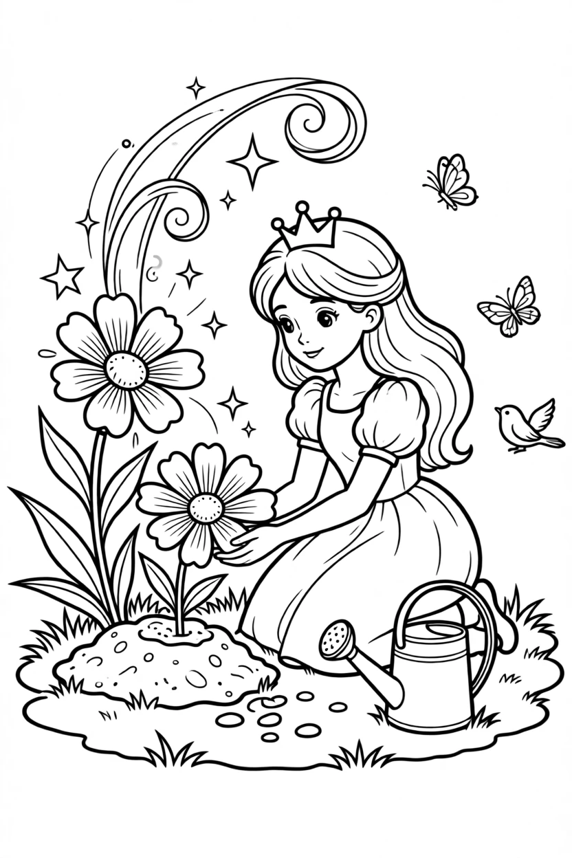 A princess planting a garden of magical flowers