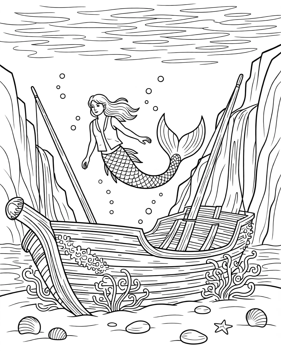 A merman gliding through a sunken shipwreck, with waterfalls cascading down distant cliffs.