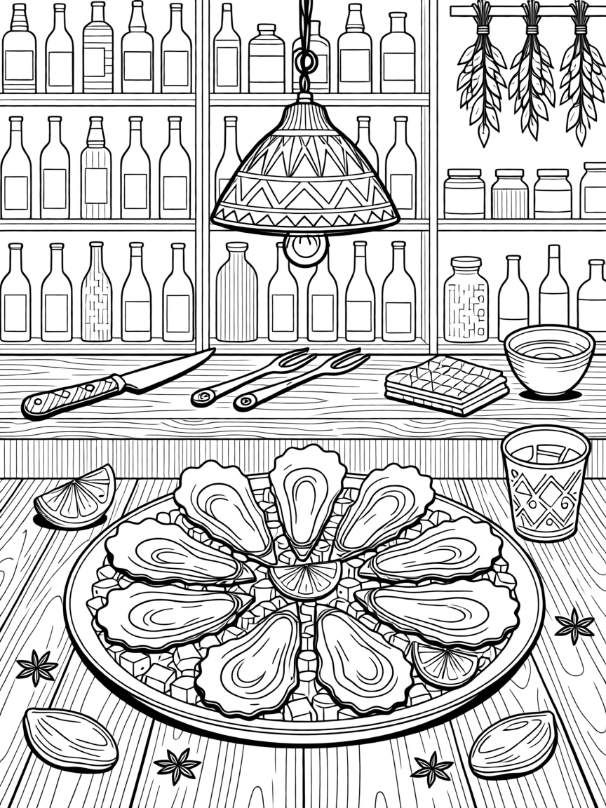 A cozy oyster bar scene with a platter on crushed ice and lemon wedges.