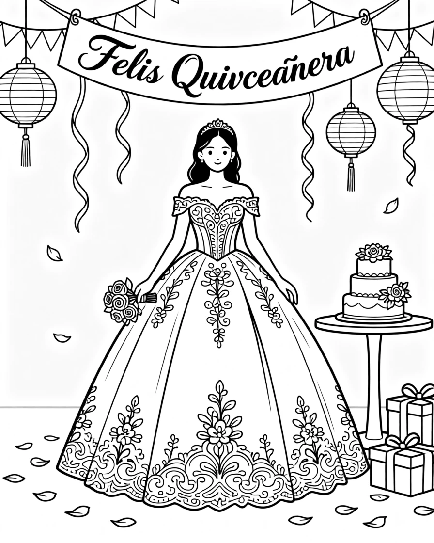 A quinceañera celebration with an elegant dress and decorations