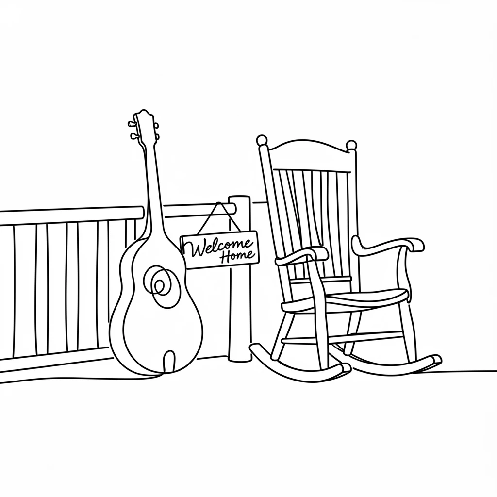 A mandolin resting on a porch rail beside a rocking chair