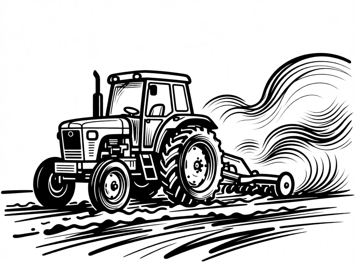 A classic tractor plowing a field at golden hour with dust rising behind it.