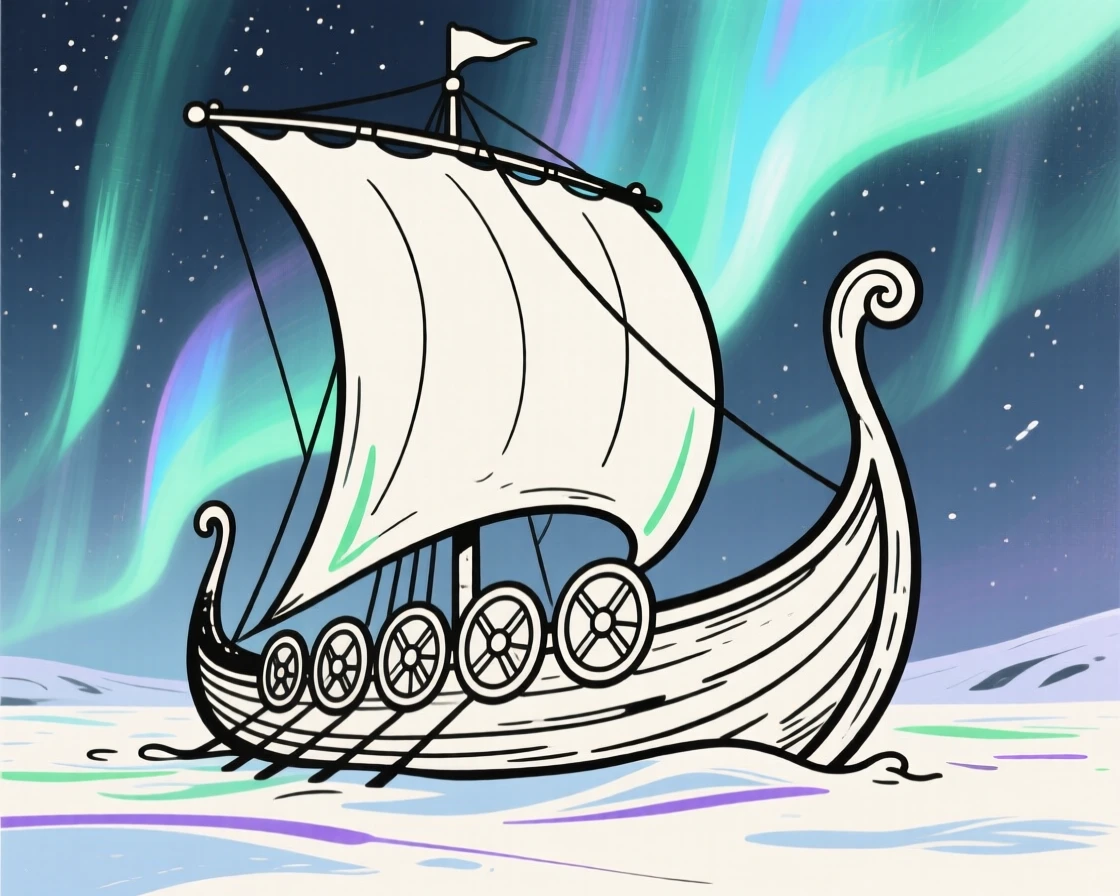 A Norse Viking longship sailing beneath the glowing northern lights.