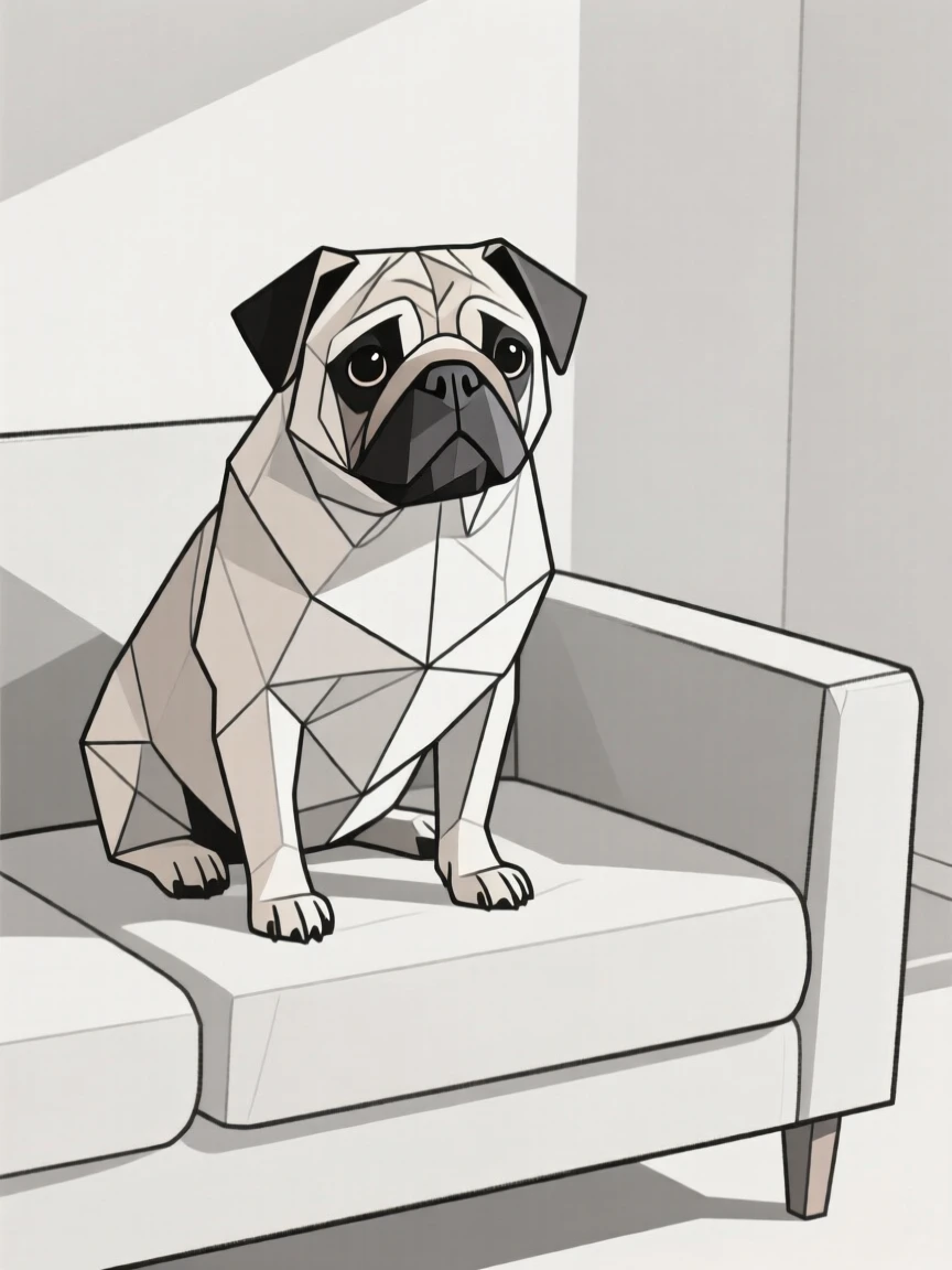 A pug with a wrinkled face sitting on a sofa