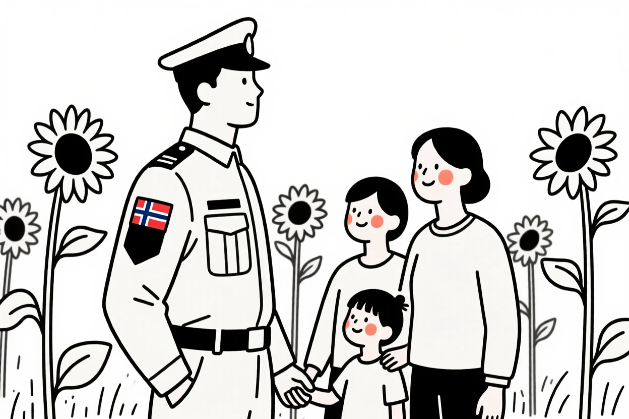 A soldier of norwegian heritage reuniting with family, gazing thoughtfully into the distance, in a sunflower field.