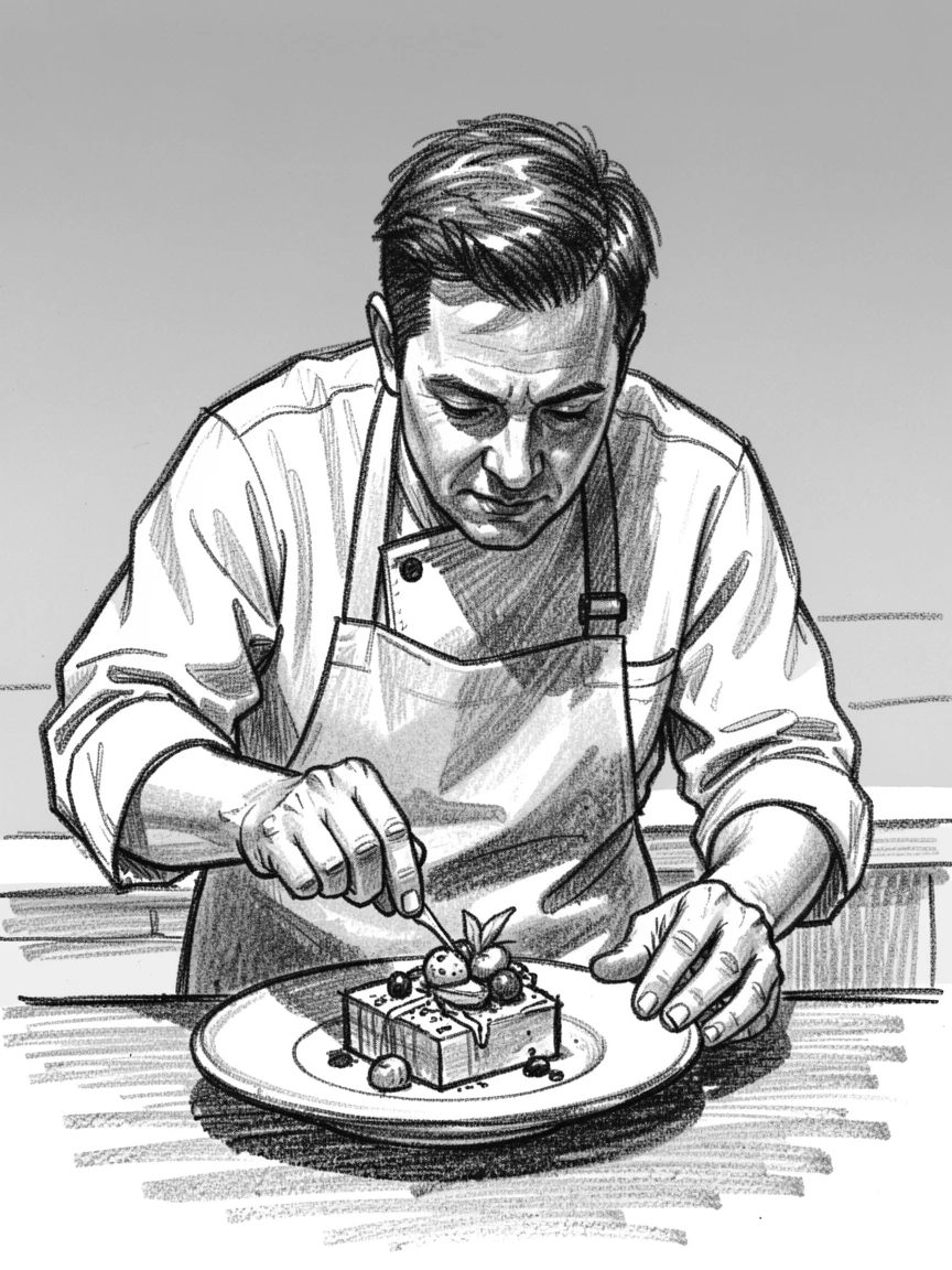 A chef plating a beautifully arranged dessert, under a clear blue midday sky.