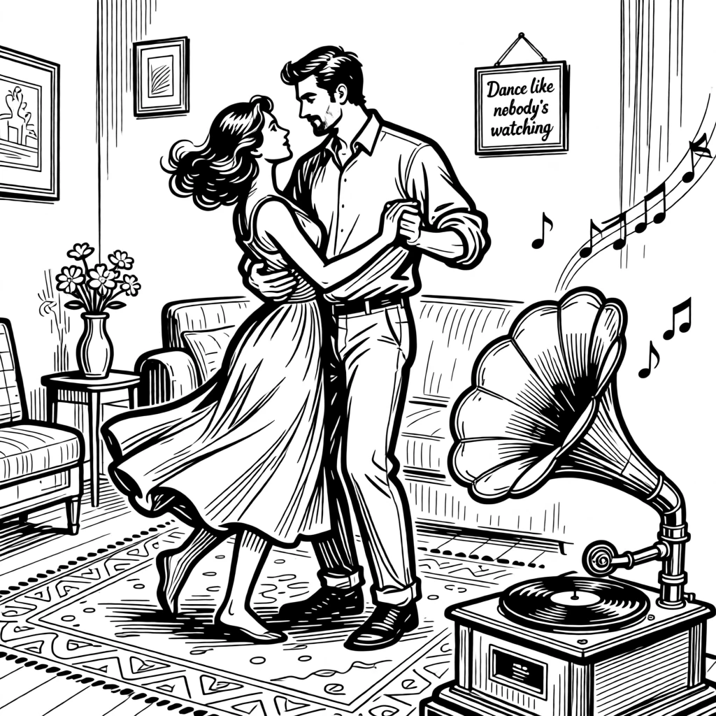 A couple slow dancing in their living room to music from an old record player.