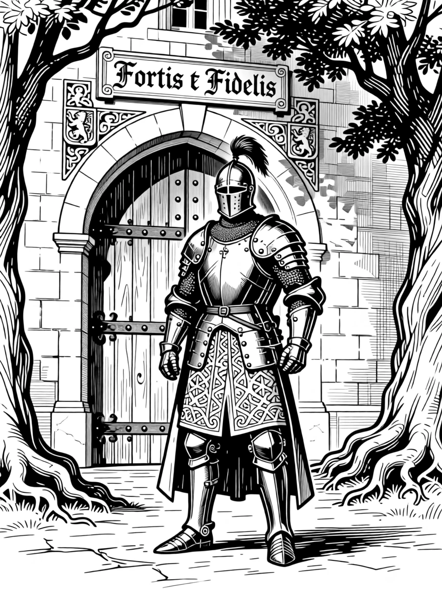 A medieval knight in full armor before a castle gate beneath the shade of ancient trees, with intricate patterns woven into the fabric, portrayed in a proud and storied historical scene.
