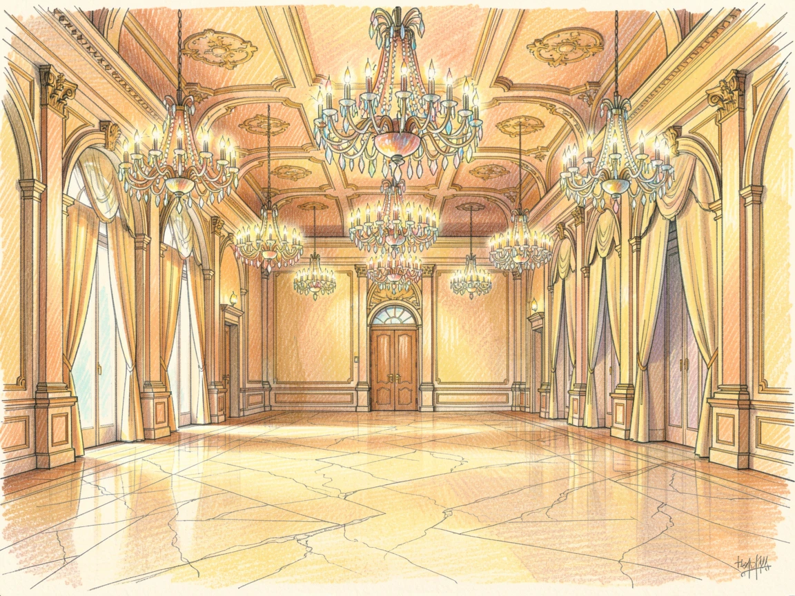 A grand palace ballroom glowing with crystal chandeliers, set against a softly lit, atmospheric backdrop, evoking warmth, beauty, and a lasting sense of wonder.