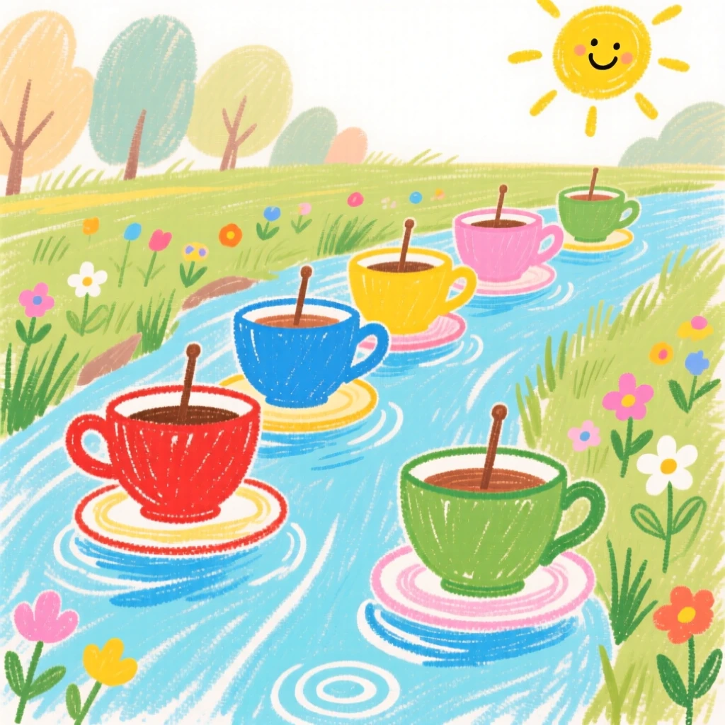 A row of teacups sailing like boats down a garden stream.