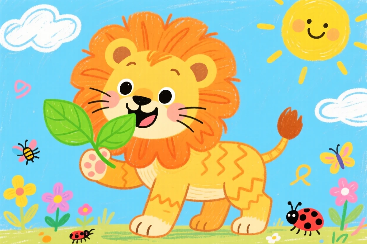A fuzzy lion cub nibbling on a fresh green leaf.