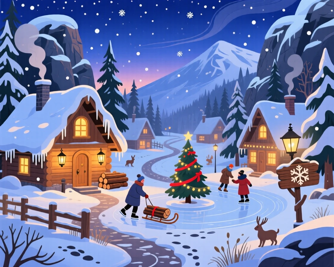 A snow-covered mountain village glowing with warm winter lights, surrounded by natural seasonal textures and light, arranged with a cheerful, seasonal charm, with charming small details that evoke the season perfectly.