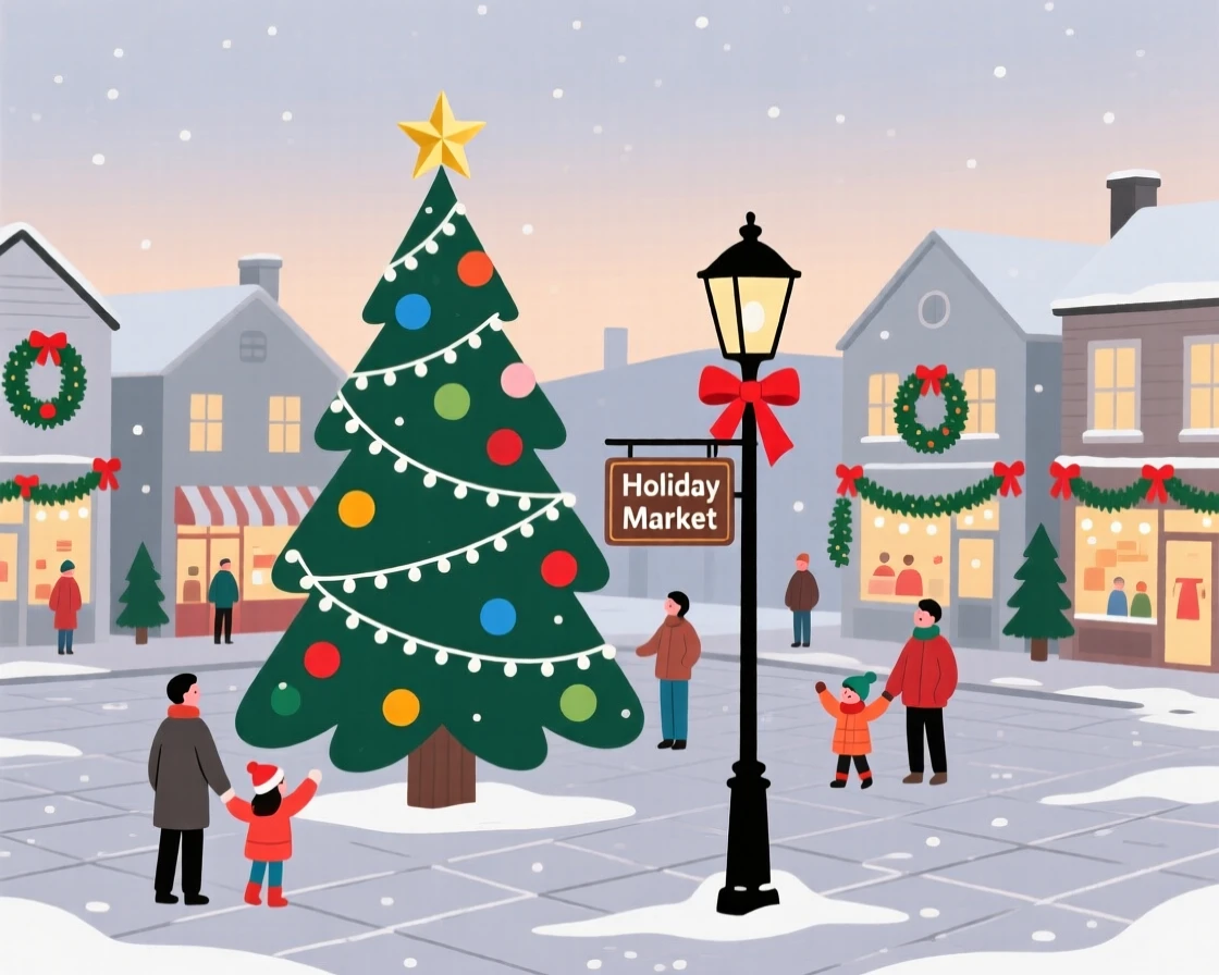 A Christmas celebration with colorful decorations filling a small town square.