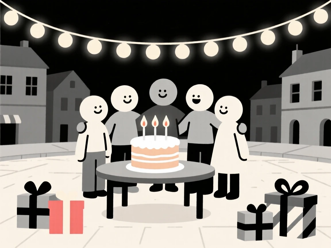 A joyful birthday party taking place in a festively lit town square, decorated with ribbon-wrapped gifts, full of warm togetherness.