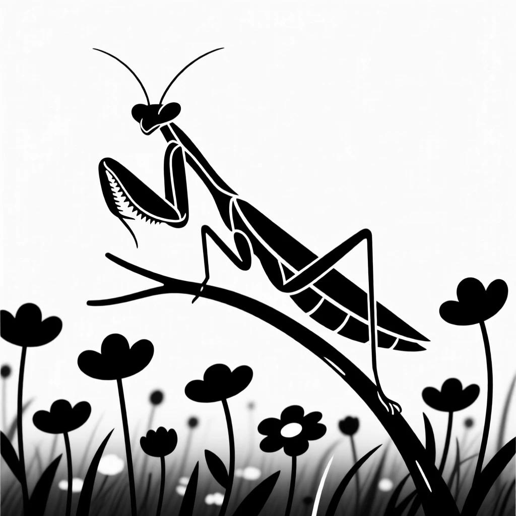 A praying mantis on a branch in a wildflower field.