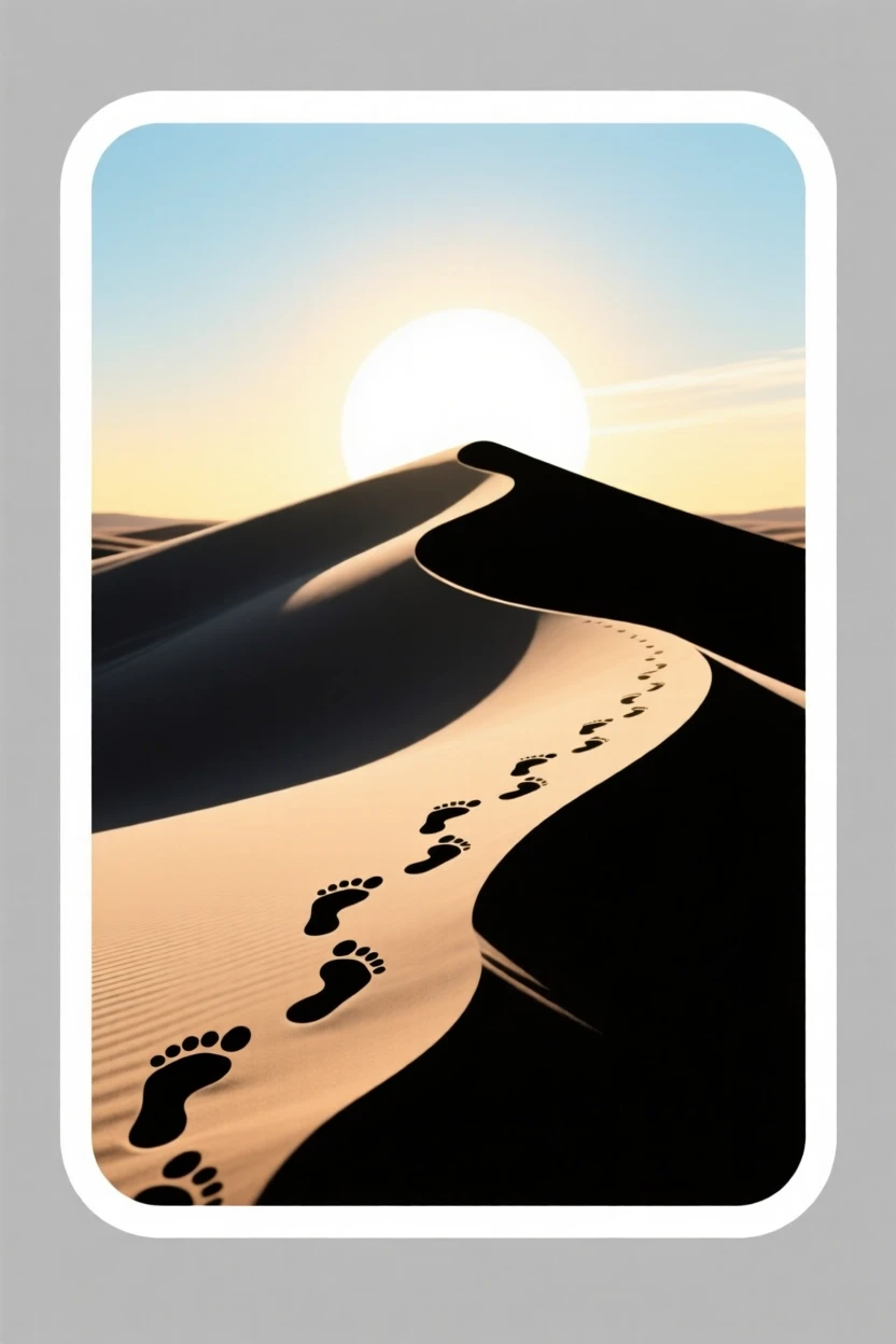 A tenderly hopeful scene of a footprints leading up a sandy dune toward a bright sky, glowing softly against a dark background, reminding us that every step forward matters.