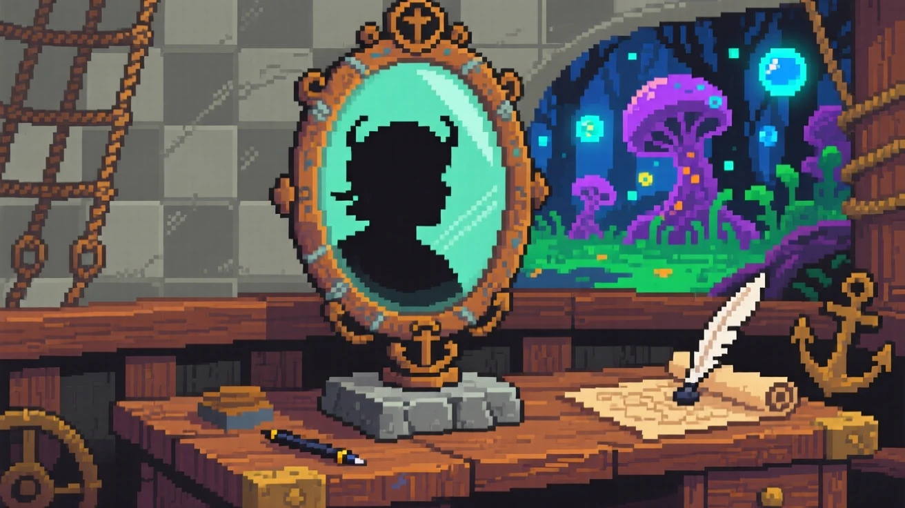 A mirror that shows another world placed on a stone pedestal in a ruin, on a captain's desk aboard an old ship.