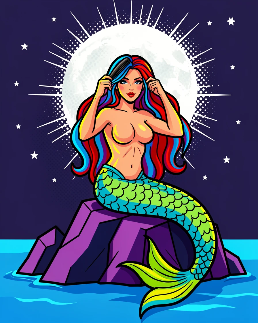A mermaid combing her hair on a moonlit rock