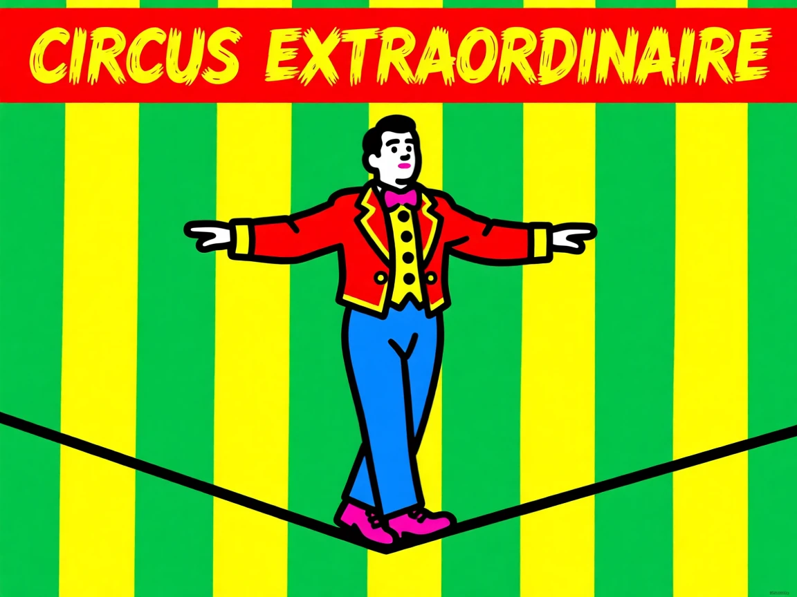Vintage circus performer on a tightrope