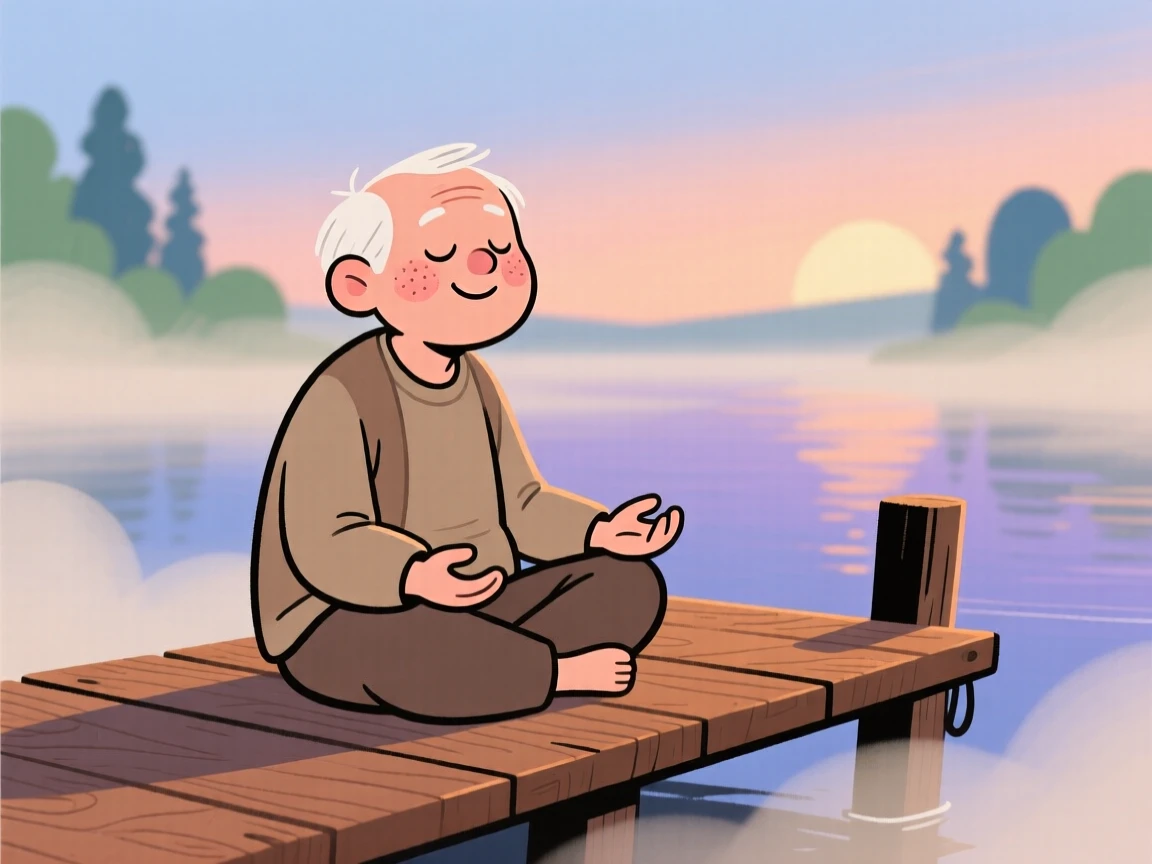 A elderly man practices slow breathing exercises on a wooden dock at dusk, breathing slowly as soft mist surrounds them.