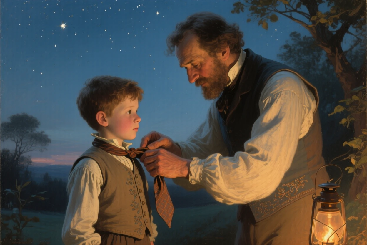 An intimate close-up of a father teaching his young son to tie his first necktie, under a canopy of stars, in the early 19th century.