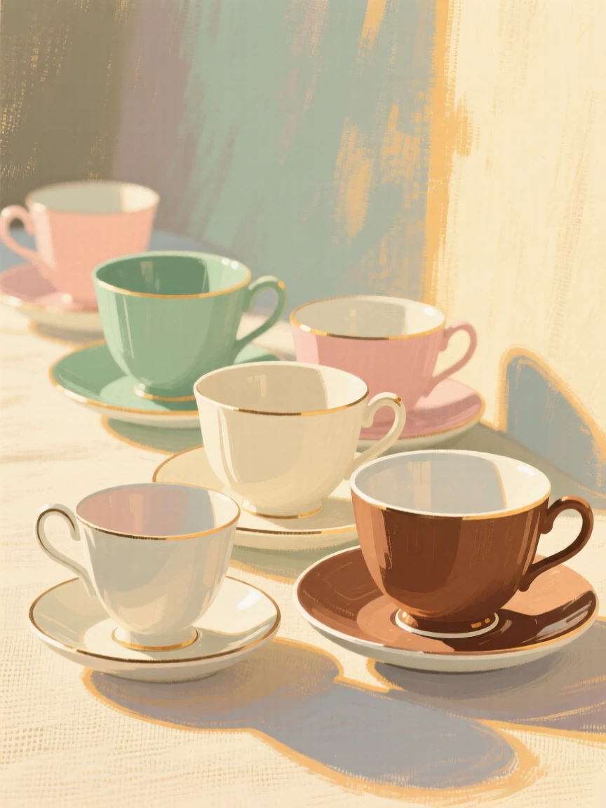 A set of vintage teacups and saucers arranged in a neat row