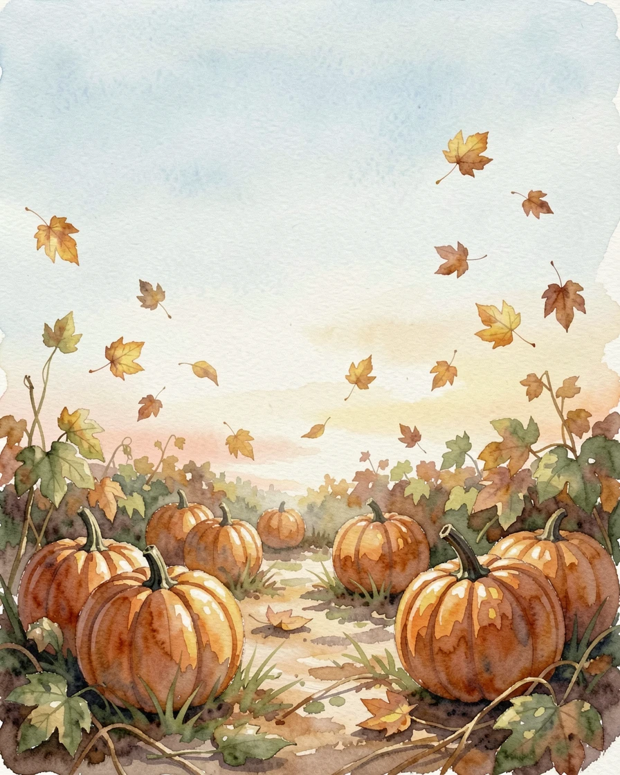 A pumpkin patch under a crisp autumn sky as golden autumn leaves drift in the breeze.