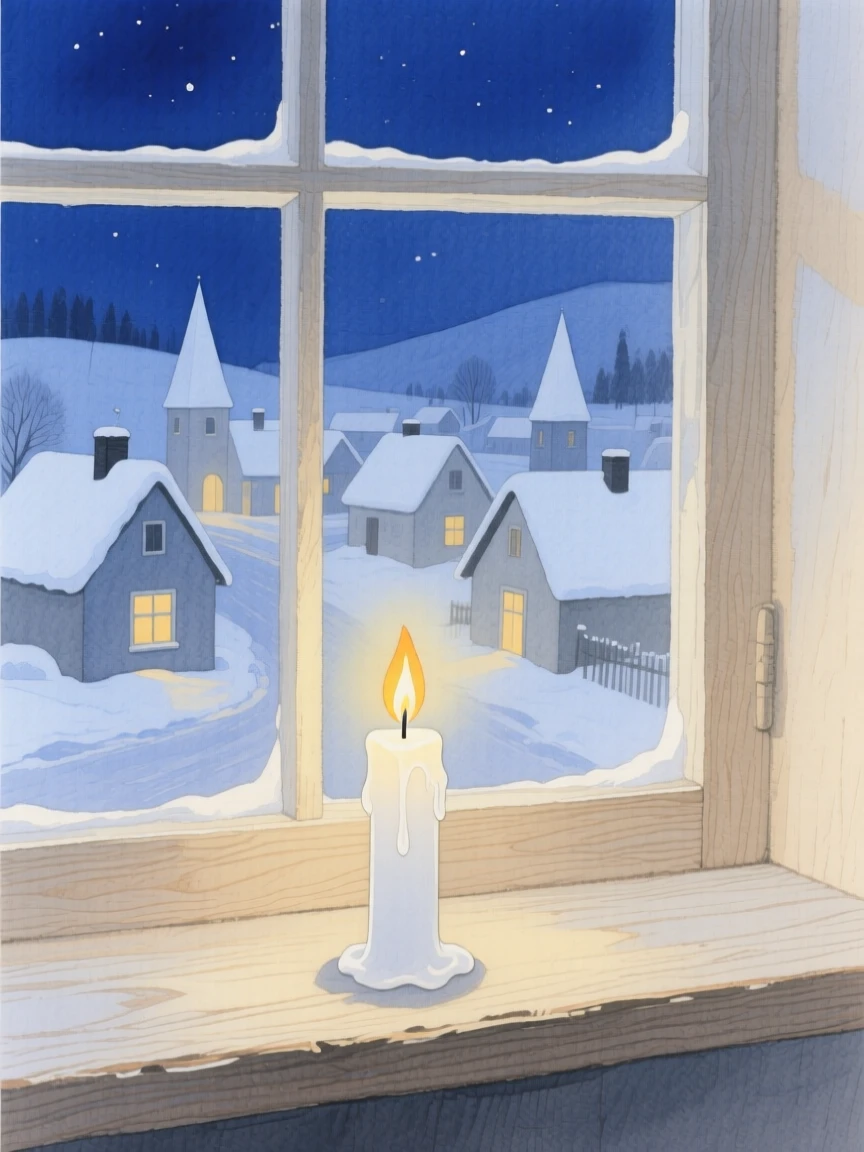 A single candle flickers on a windowsill overlooking a snow-covered village on a quiet winter night