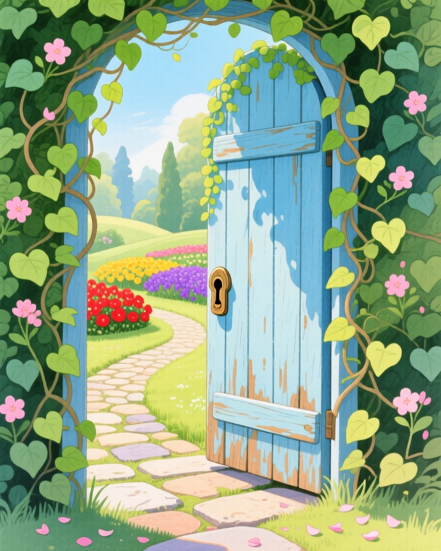 An adventurous scene of a hidden door covered in ivy leading to a secret garden.