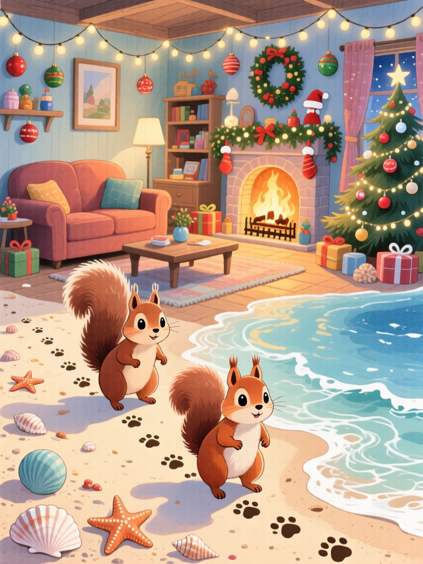A pair of squirrels following a trail of paw prints across a beach, set in a snug living room decorated for the holidays, filled with wide-eyed wonder.