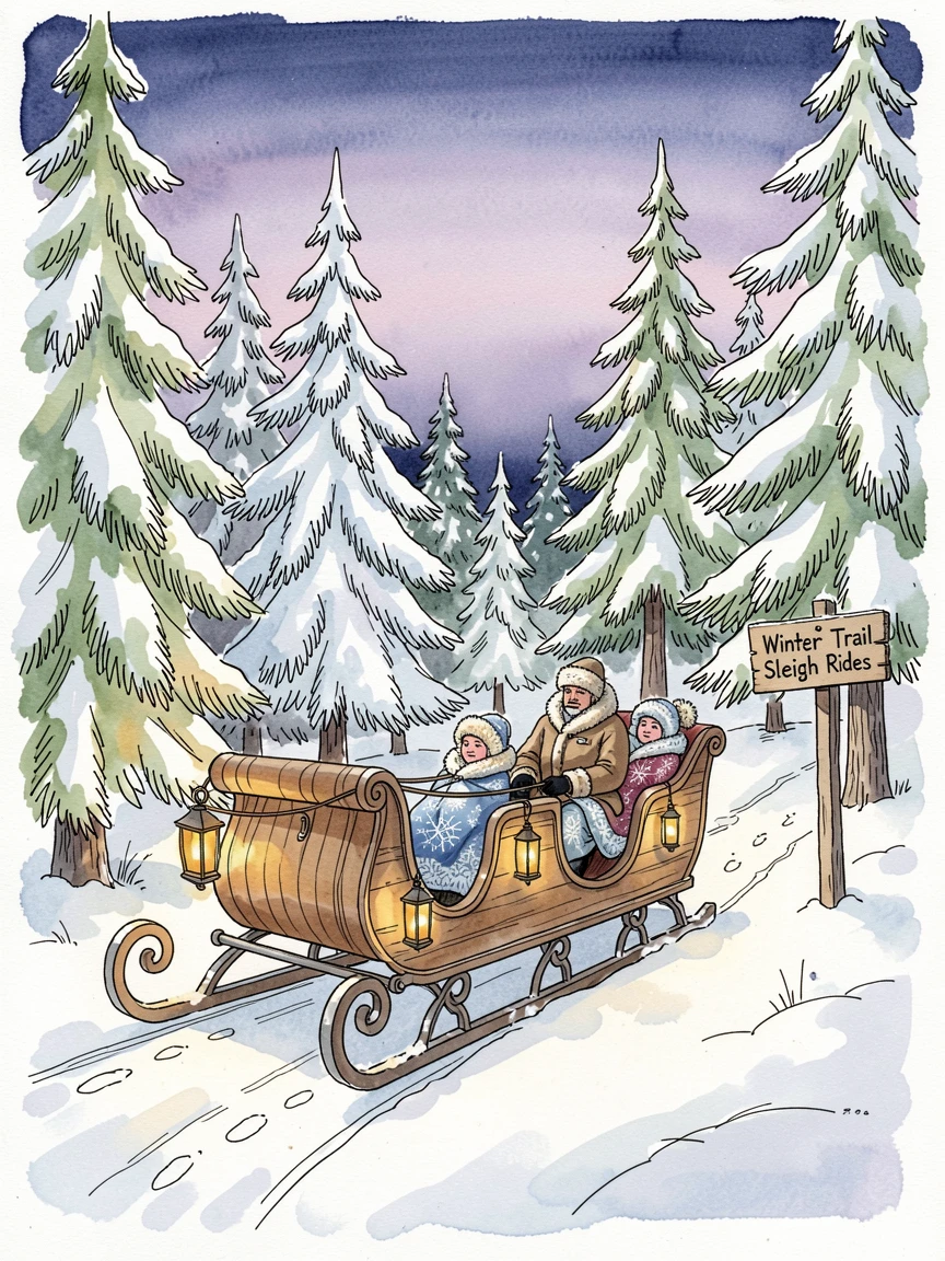 A winter sleigh ride through a snow-covered forest at dusk, small decorative details adding charm throughout.