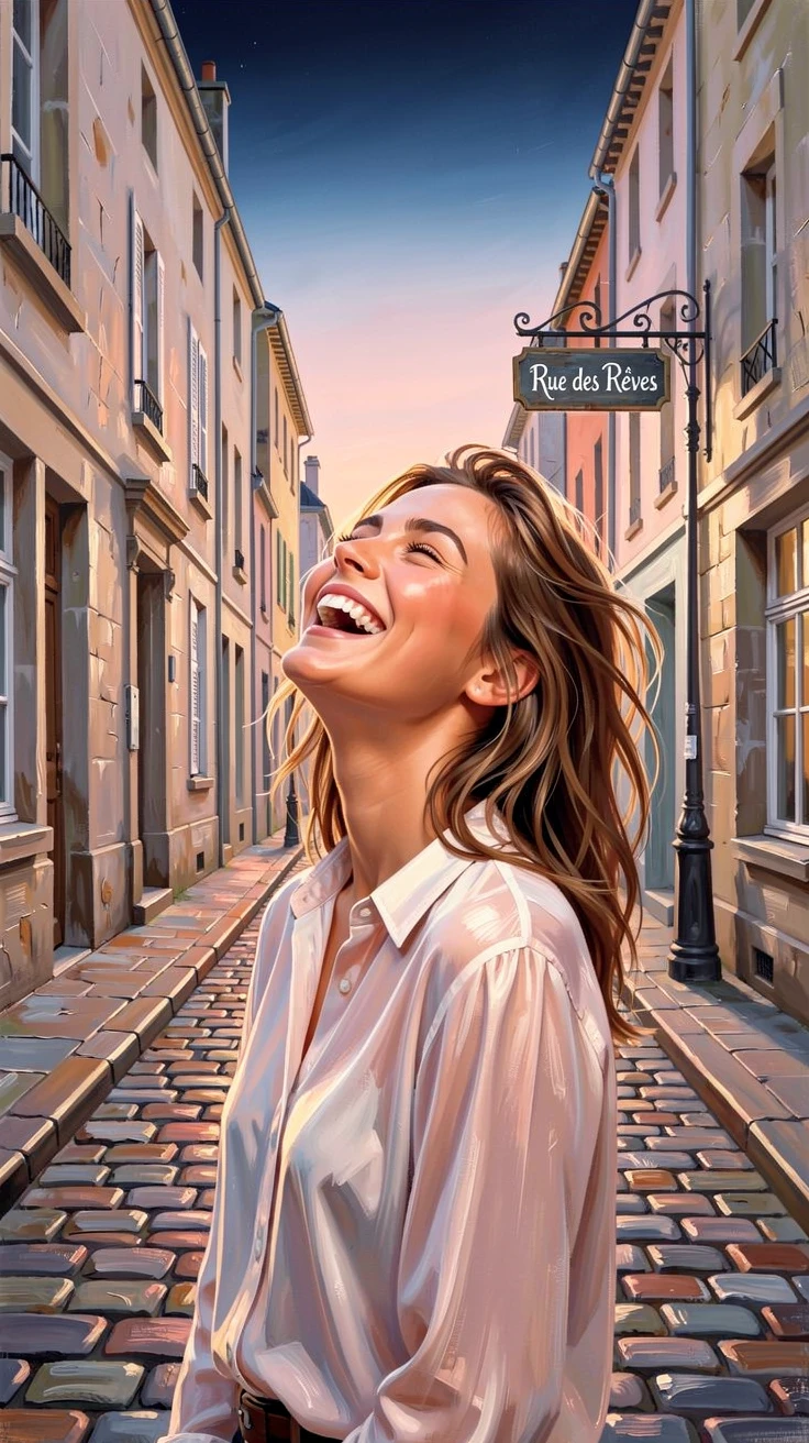 A young woman laughing joyfully with her head tilted back, on a quiet cobblestone street at dusk, a quiet moment of reflection, on a crisp, clear morning.