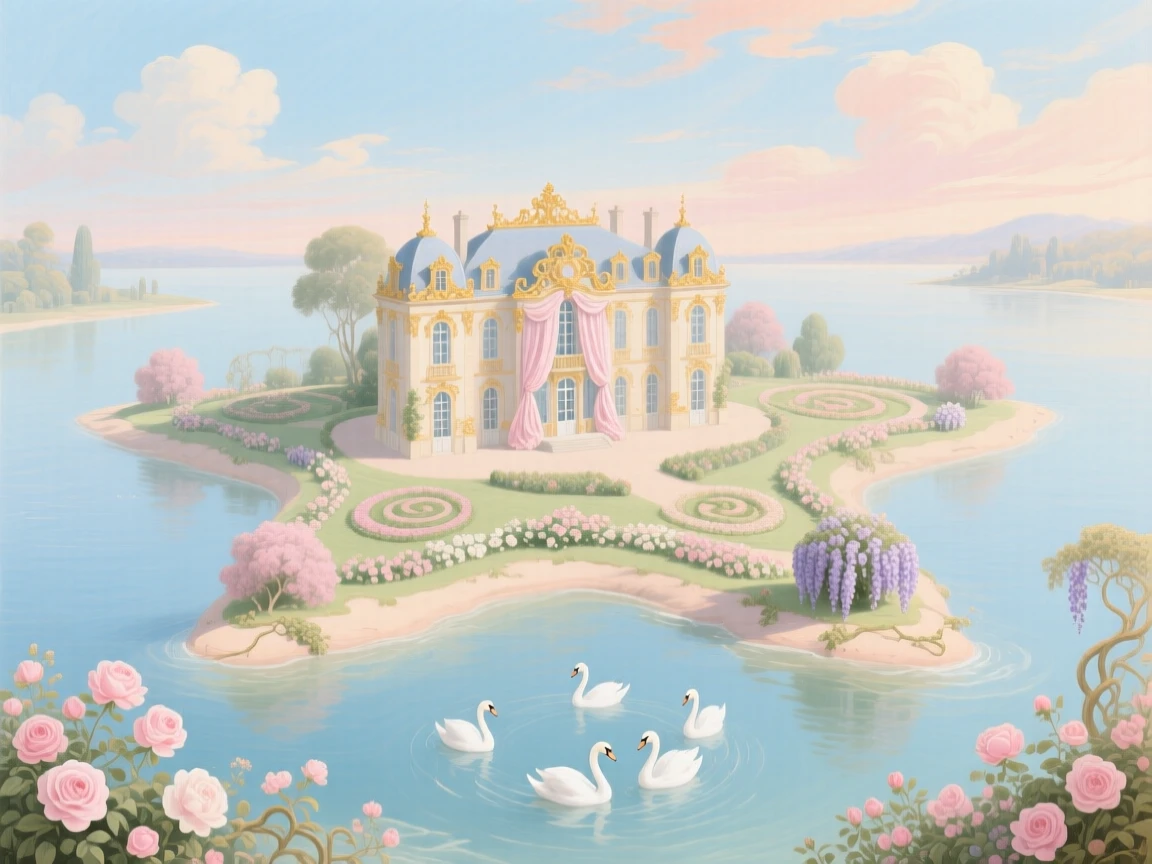 A star-shaped island with a palace at its center and swans circling below  