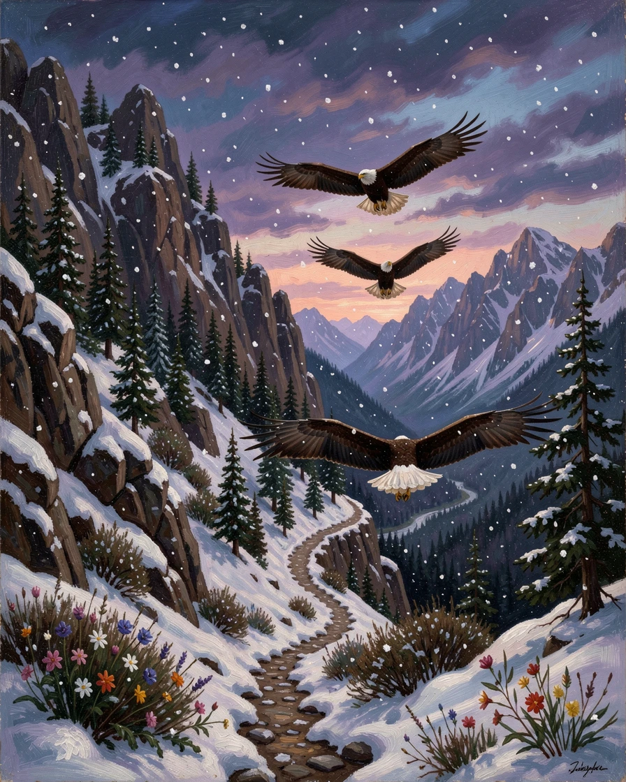 A pair of eagles traverses a trail cut into the mountainside while snow begins to fall.