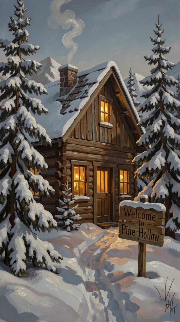 A snow-covered mountain cabin with smoke curling from its chimney at dusk, with warm, inviting light glowing throughout the scene, capturing the warmth, joy, and magic of the season