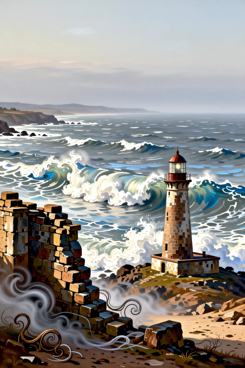 A rugged coastline with a lighthouse standing against crashing surf stretching endlessly toward a hazy, distant horizon, set beside the remnants of an old stone wall or ruin, with mist curling low along the ground in the cool morning air; layered depth separates near, middle, and far distance beautifully, suggesting harmony between the natural world and the soul.