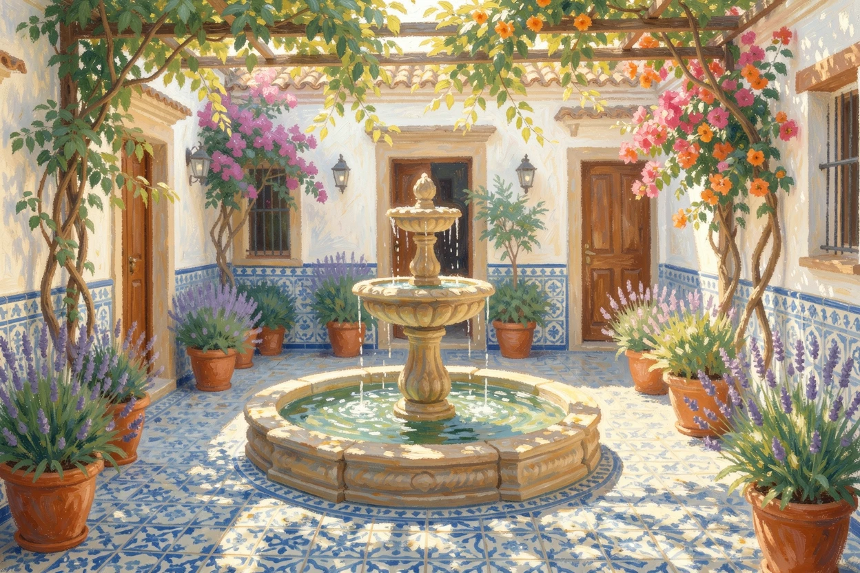 A quiet Andalusian courtyard with blue and white tiles surrounding a trickling fountain, filled with a cozy, comforting atmosphere.