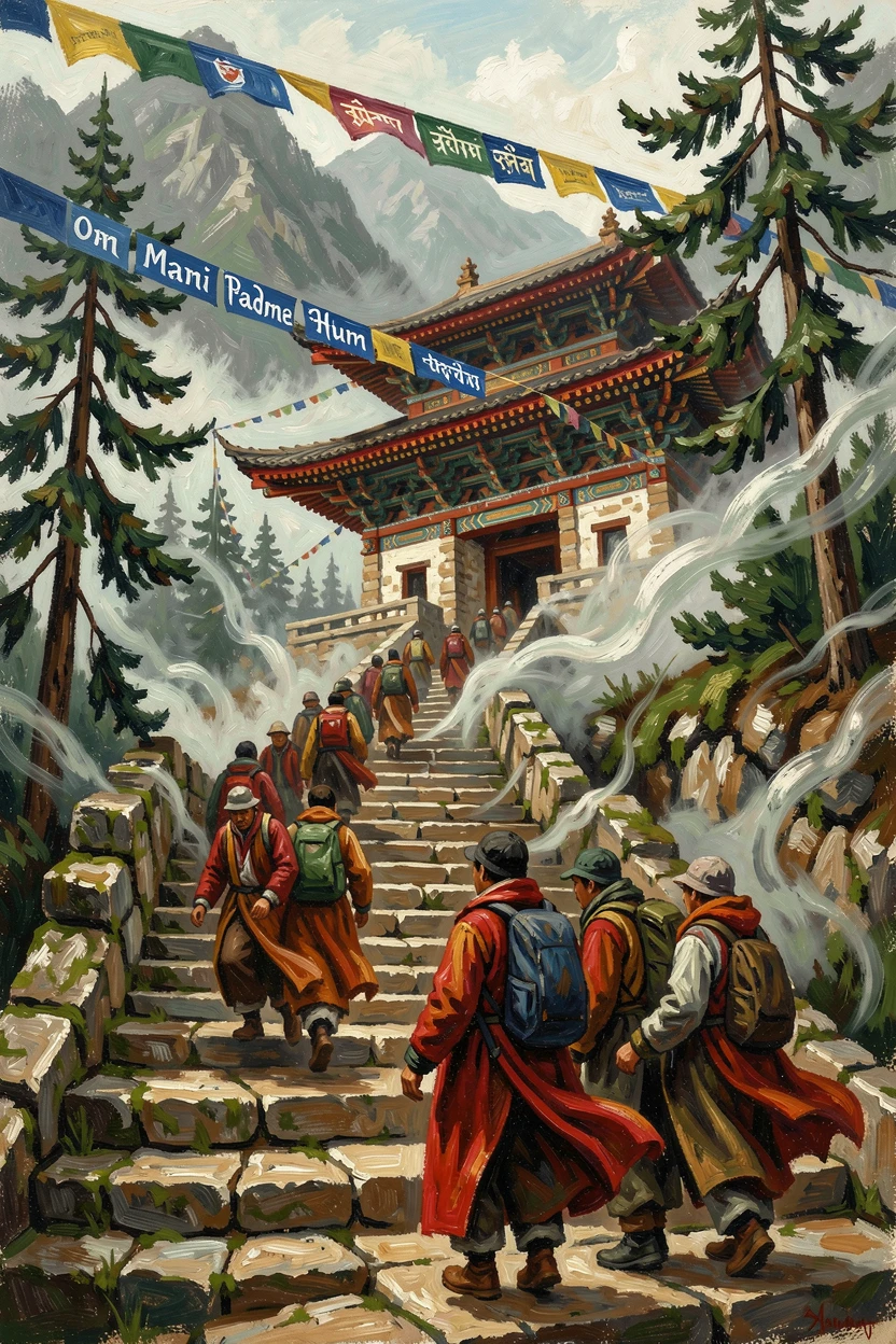 Pilgrims climbing the stone steps of an ancient temple in the misty mountains of Bhutan.