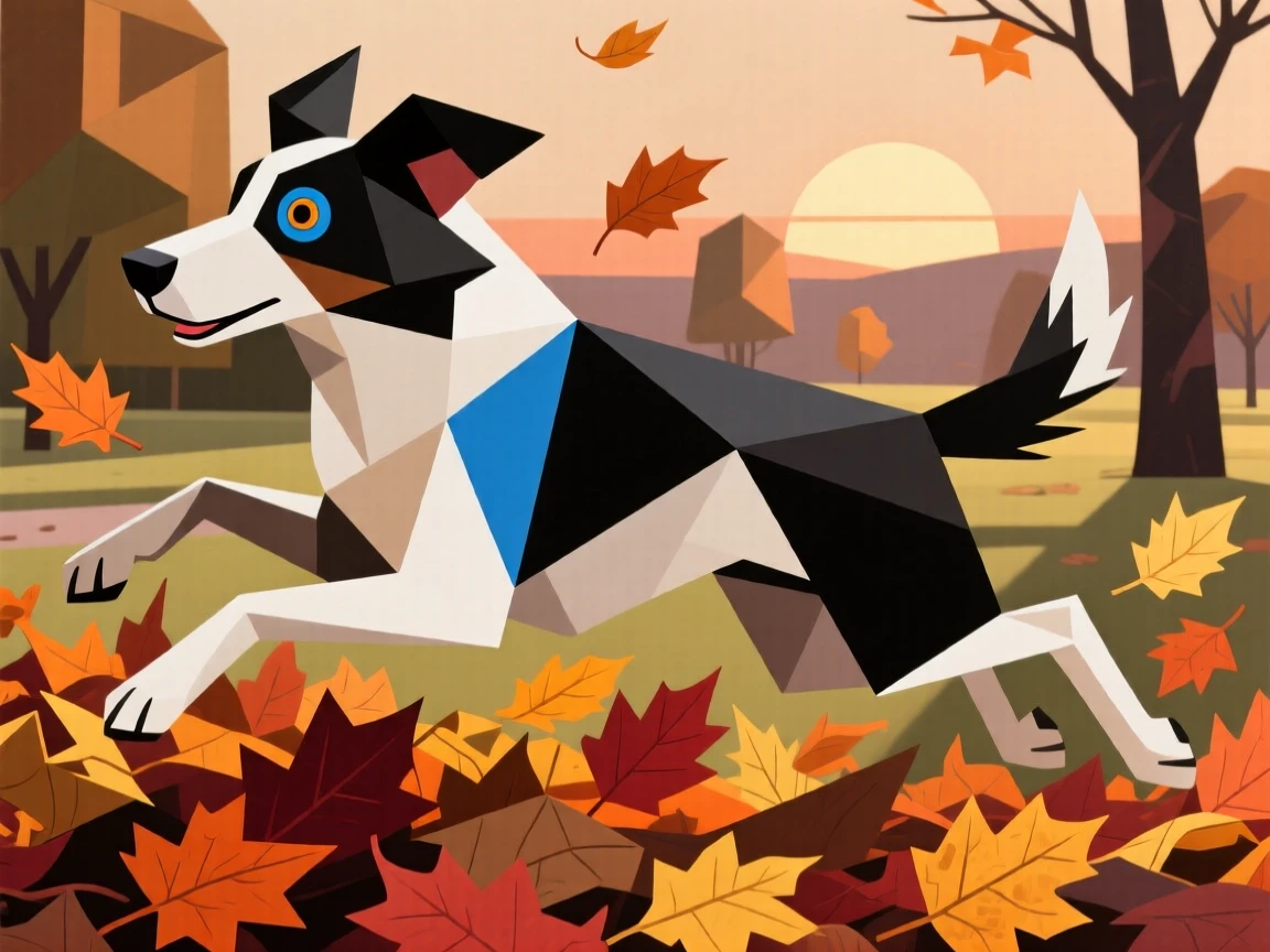 A charming portrait of a spirited border collie bounding through a pile of autumn leaves, on a lazy afternoon.