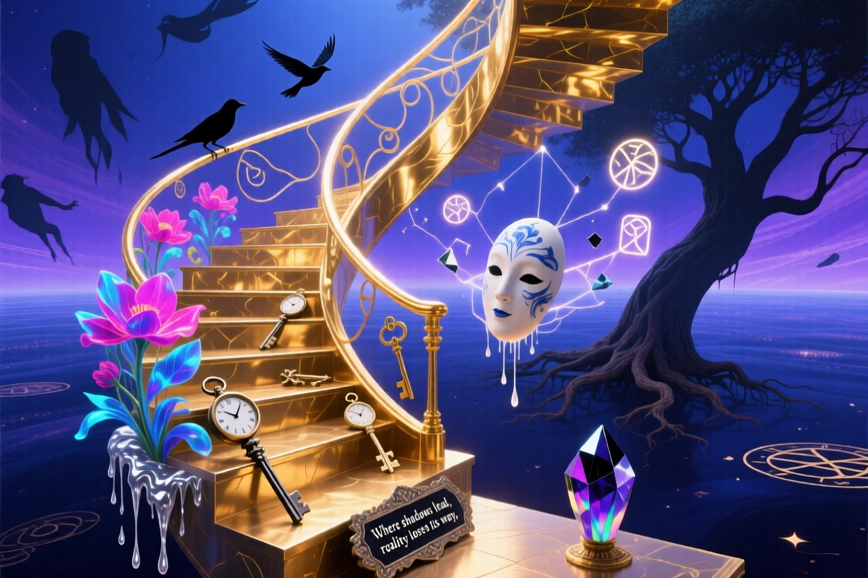 A spiral of stairs that loops seamlessly into itself like a ribbon exists in a space where up and down have no meaning, as shadows move independently of the objects casting them.
